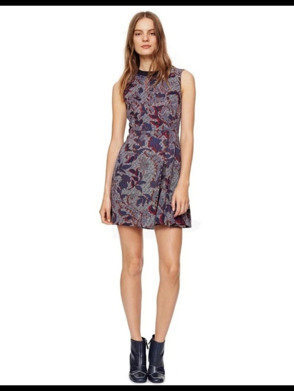Tory Burch Dahlia Navy Pixelated Brocade Sleeveless Pockets Mini Dress Size 12